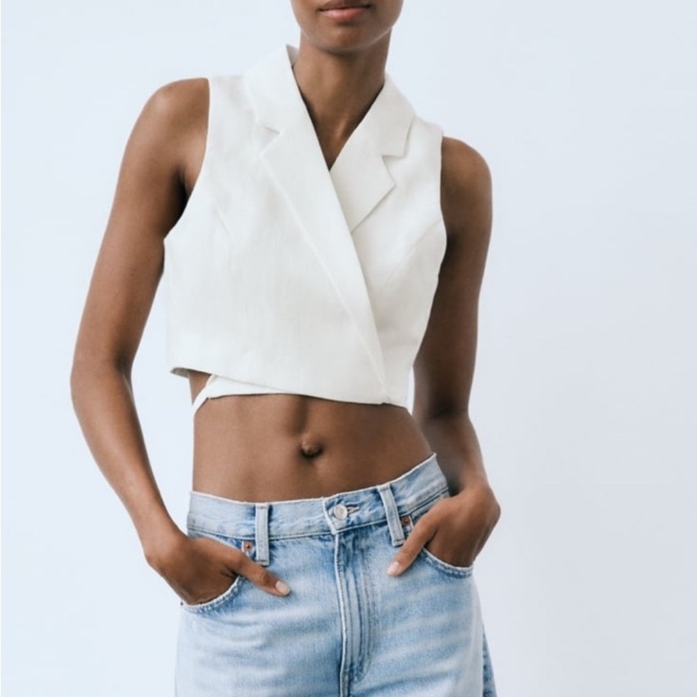 Zara White Linen Blend Tailored Vest